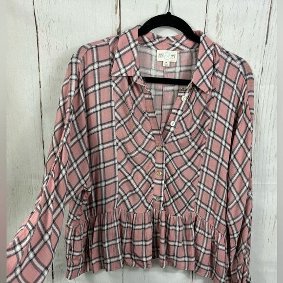 ‼️final must bundle‼️ Jun Ivy Blush Pink Checkered Blouse Shirt Ruffled - Picture 7 of 7